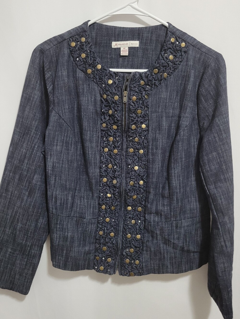 JM Collection Petite Embellished Zip-Front Jean Jacket, Size 10P